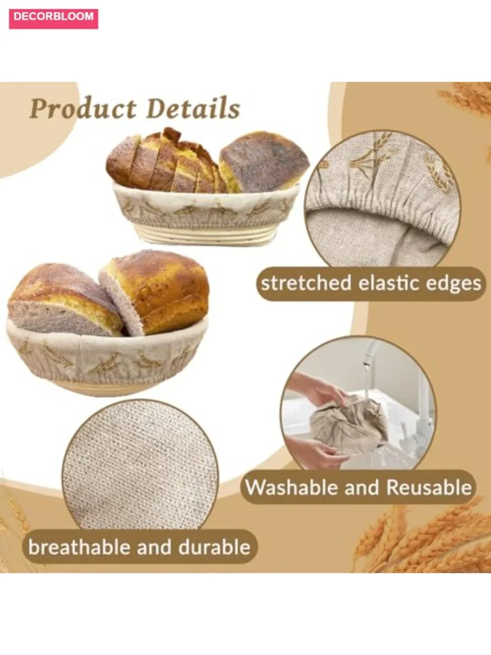 6-Piece Bread Proofing Basket Cloth Liner Set, Linen Cotton, Reusable Banneton